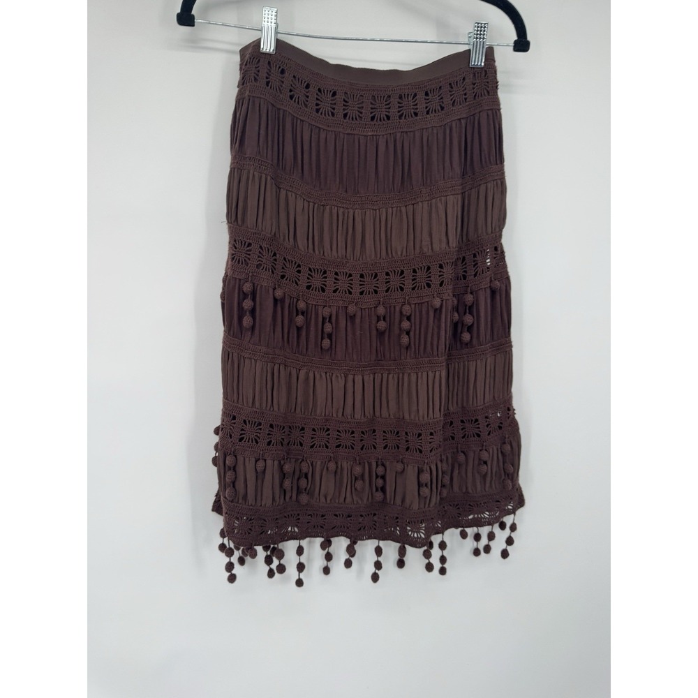 Trina Turk Los Angeles Brown Y2K silk Skirt‎ Pom Pom trim festival artsy boho - Picture 4 of 10